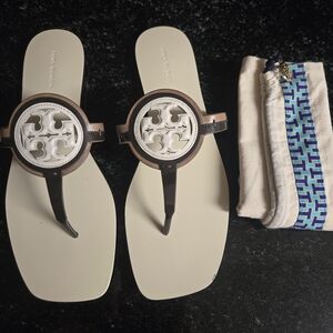 Tory Burch Women’s White and Brown Miller Thong Sandals With Dust Bag Included
